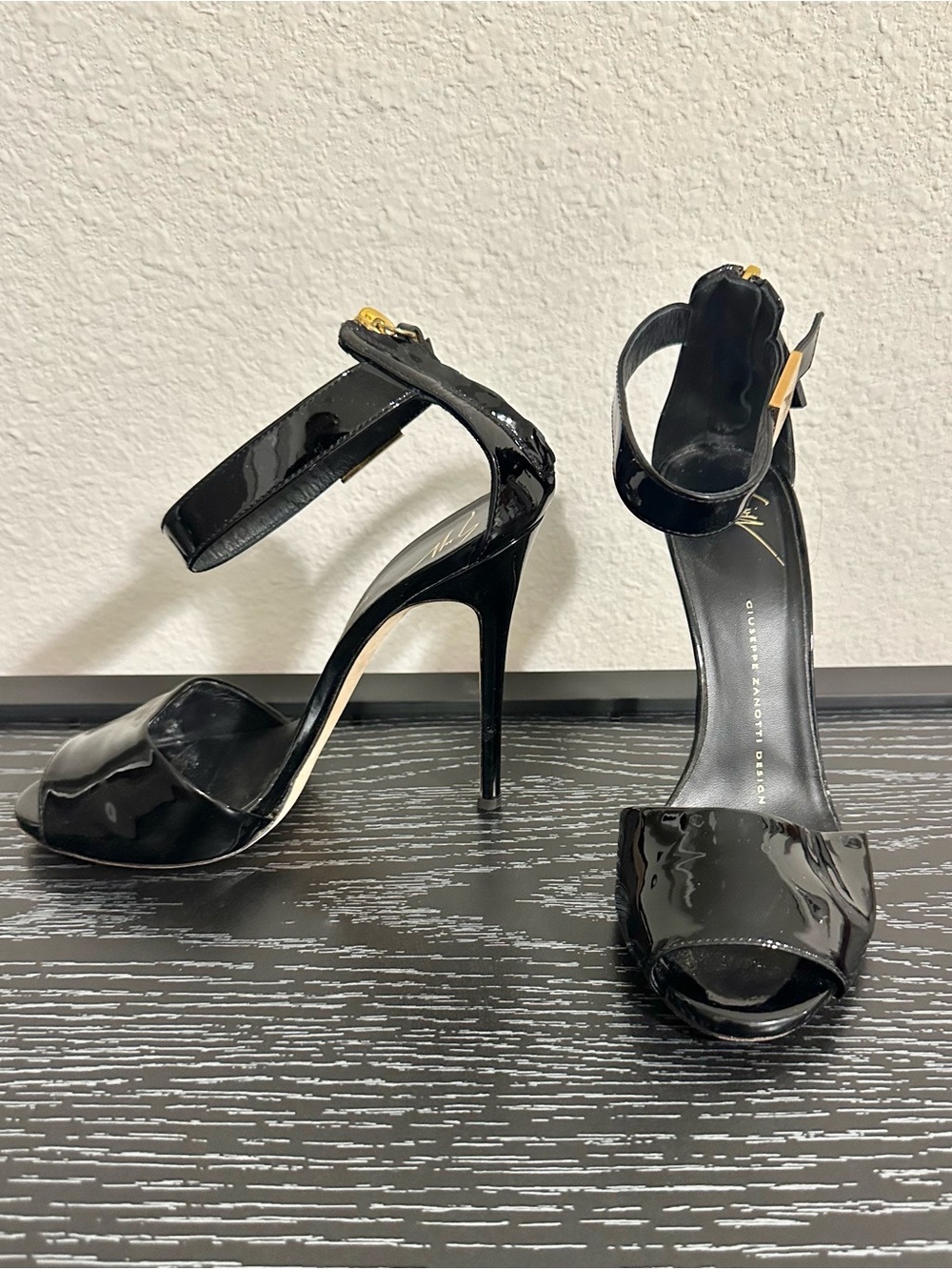 Black Patent Ankle-Strap Stiletto Sandals